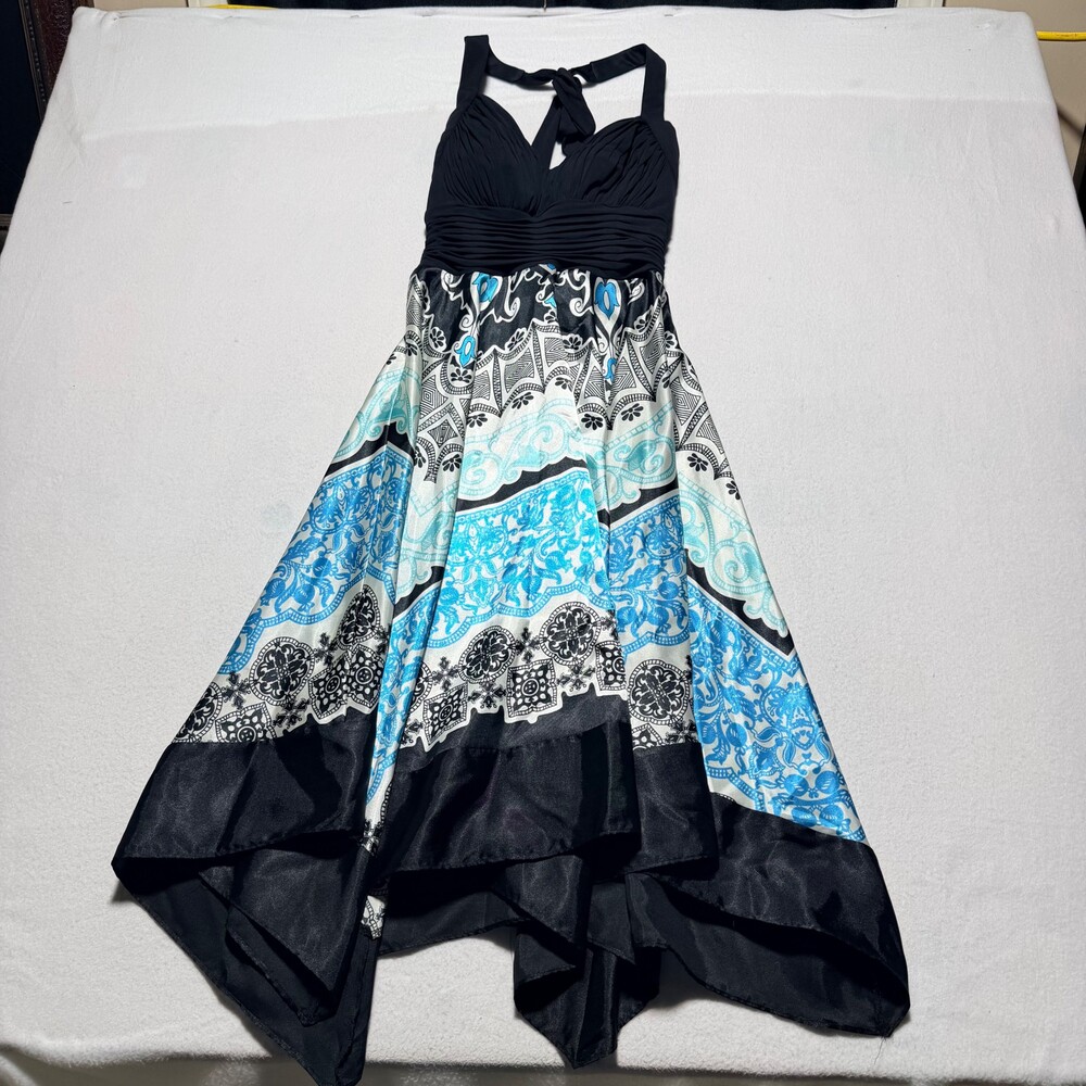 Sangria Halter Dress Size 8 Black Blue Polyester Patterned Ruffle Hem